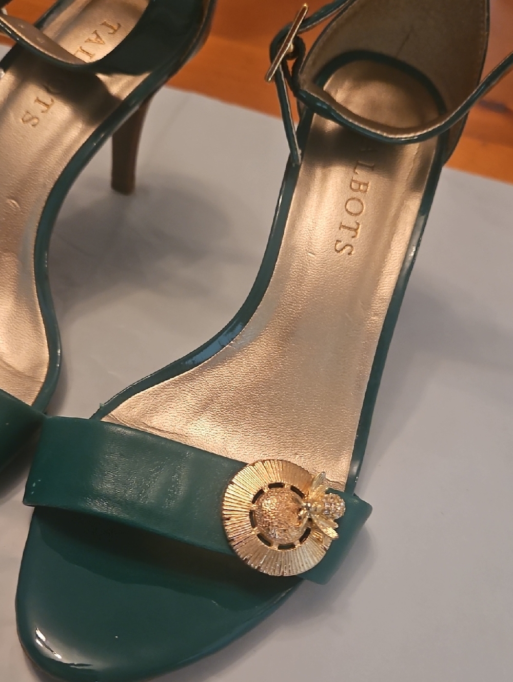 Talbots Teal Patent Open-Toe Ankle-Strap Heels with Gold Emblems - Picture 2 of 9